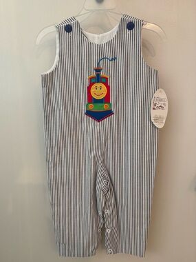 Mulberry St blue and white striped romper John John - train embroidery